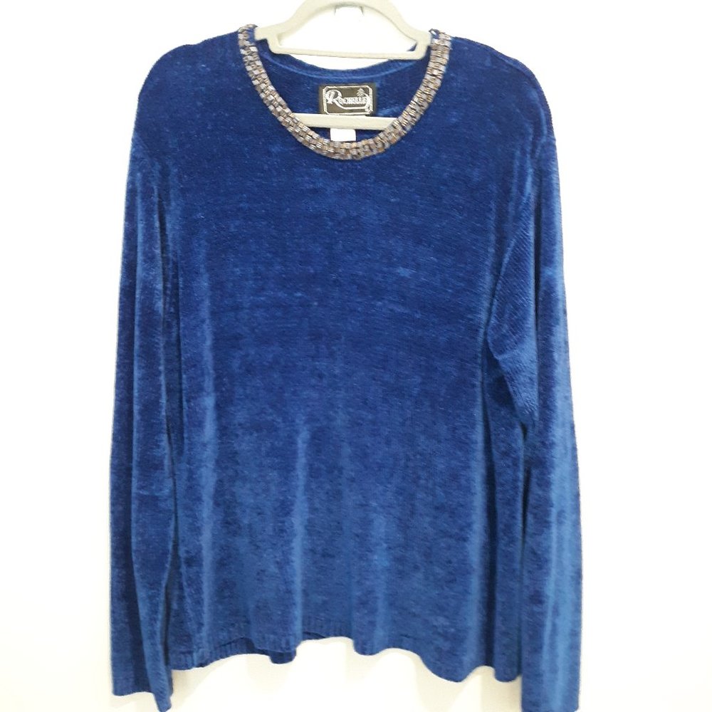 Rochelle Royal Blue Chenille Long Sleeve Sweater with Beaded Neckline Size 2X